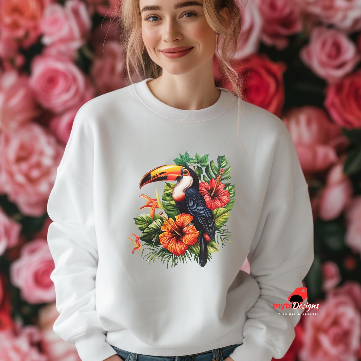 Woman wearing White Toucan Sweatshirt Unisex