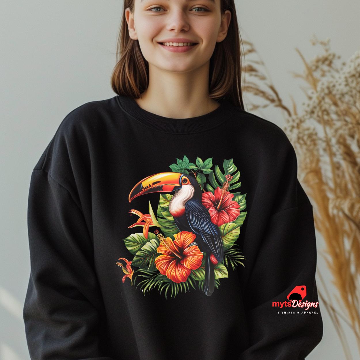 A Woman wearing a black Toucan Sweatshirt Unisex