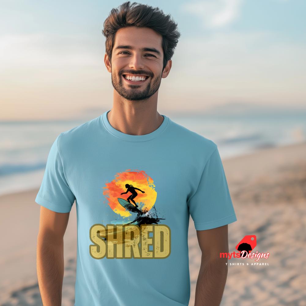 Shred Surf T-Shirt - Sun & Surfer Graphic Tee - Unisex Beach Wear