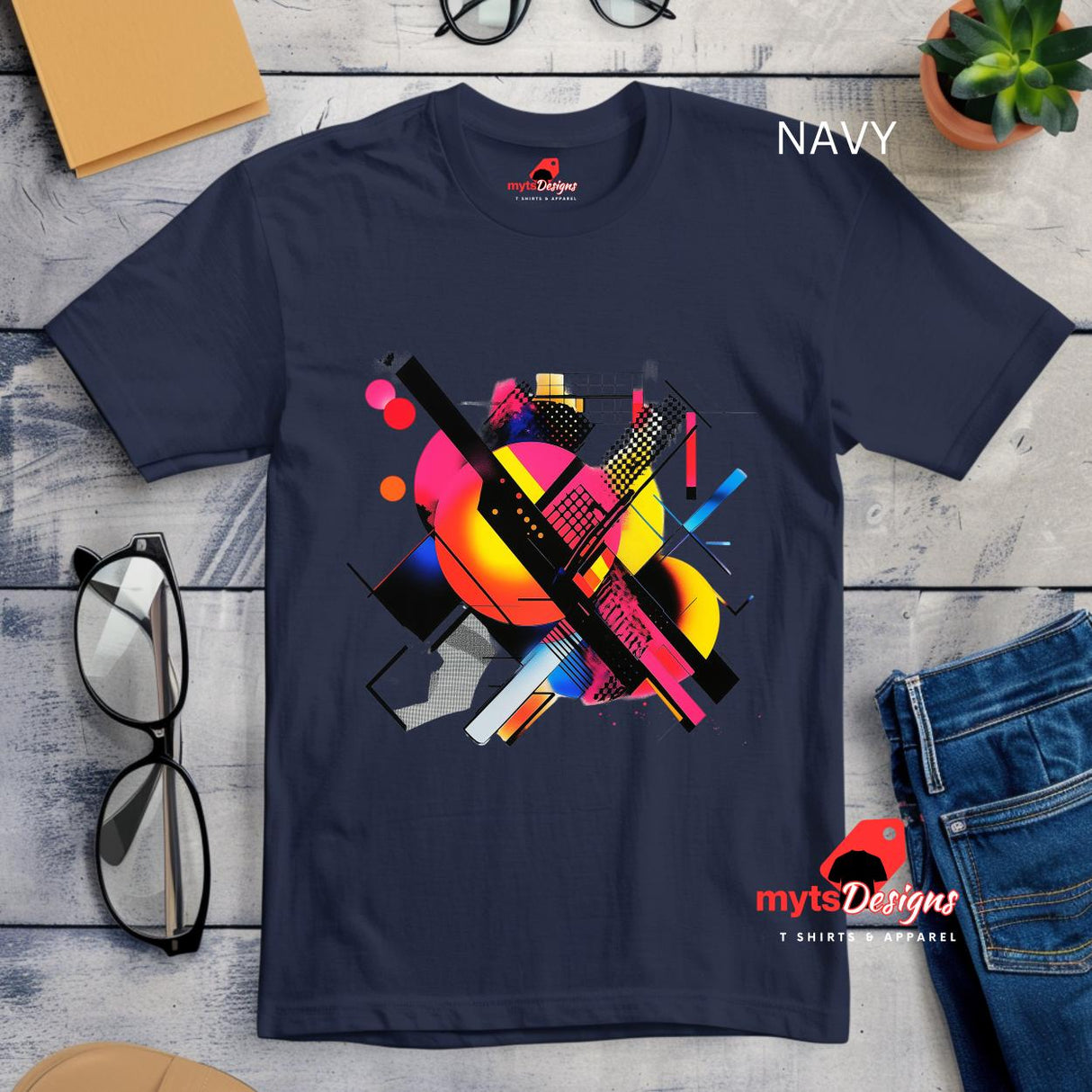 Modern geometric abstract T-shirt with bold colorful shapes printed on Navy cotton tee