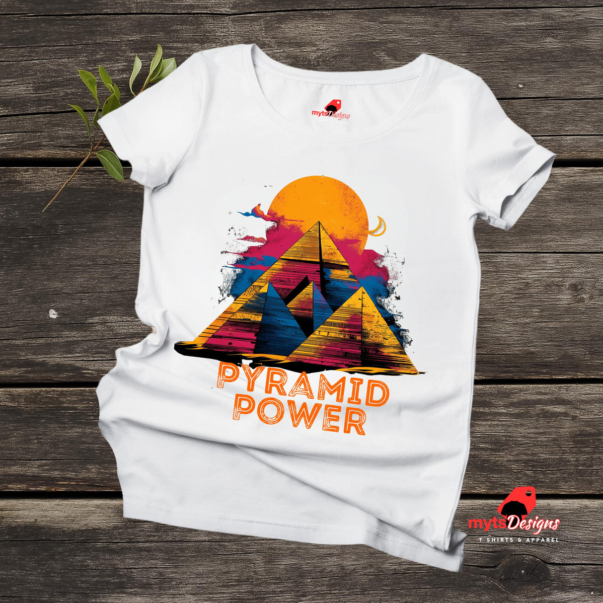 Flat Lay view of white T-shirt with pyramids and sacred geometric lines – bold symmetrical sun design on Gildan cotton