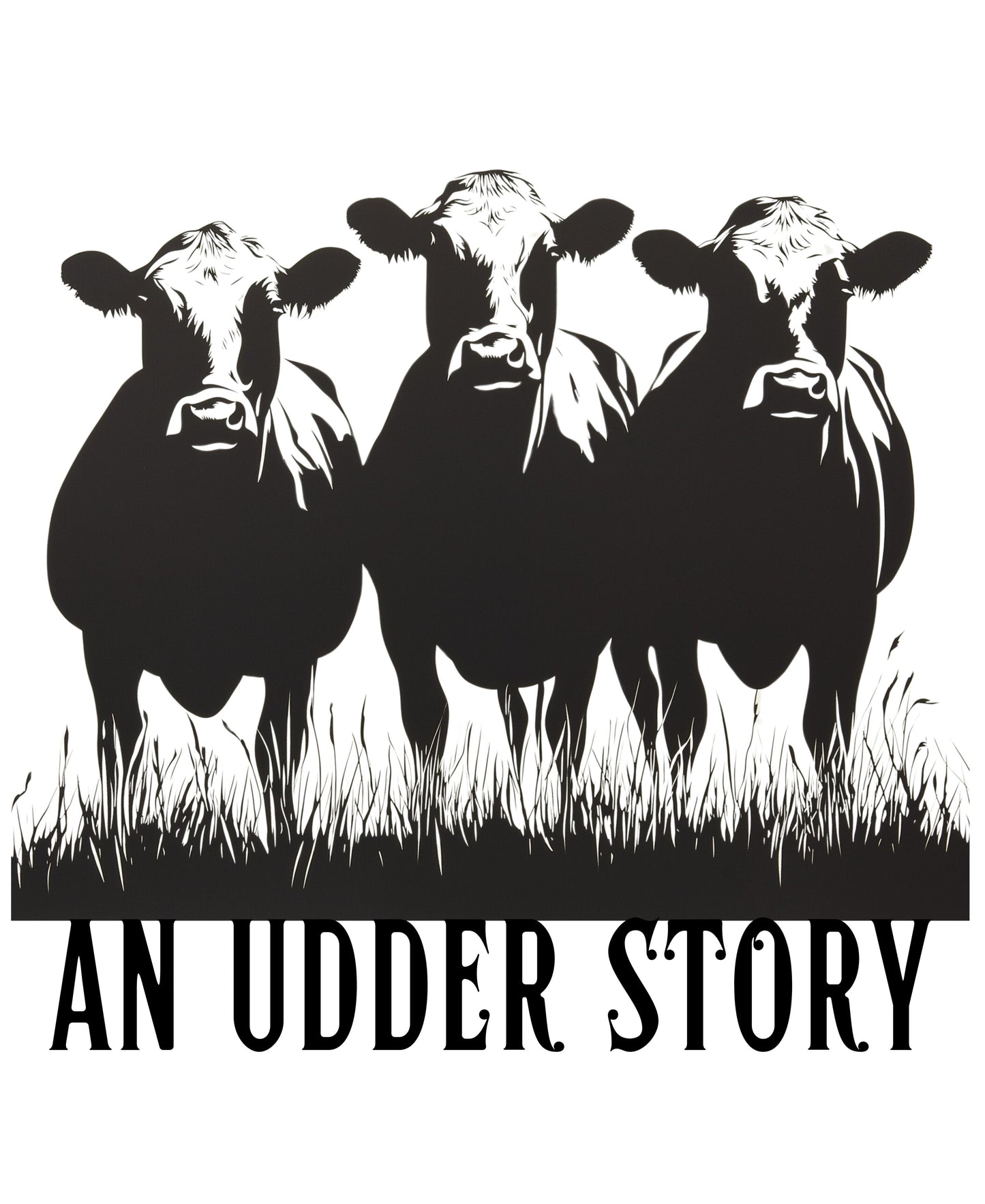 Black silhouette of three cows with 'An Udder Story' text on a white background