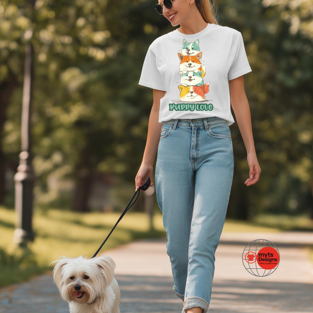 Woman walking a dog in a park wearing a t-shirt with a cartoon design.