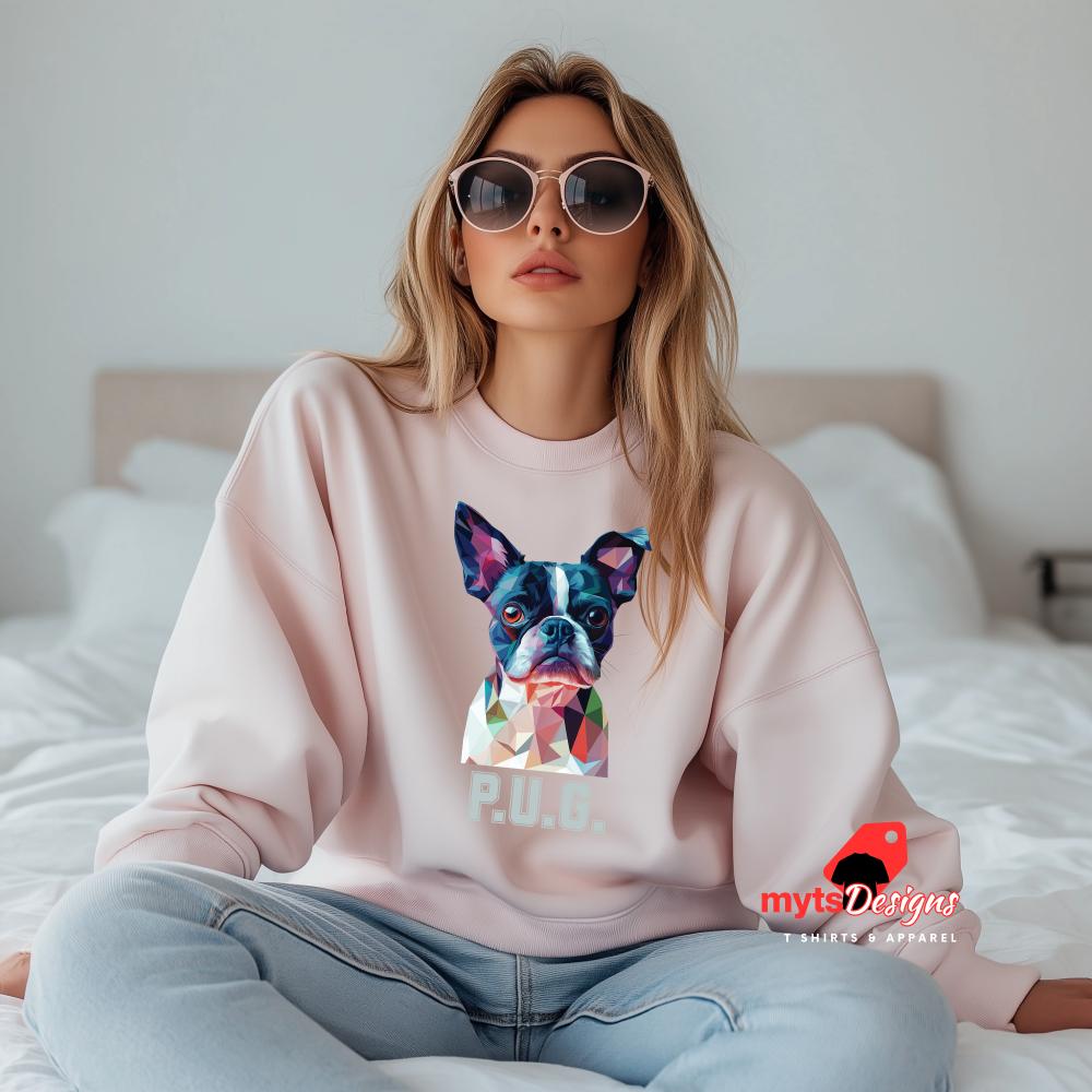 P.U.G. Geometric Dog Sweatshirt – Vibrant Polygon Art Pullover | MytsDesigns
