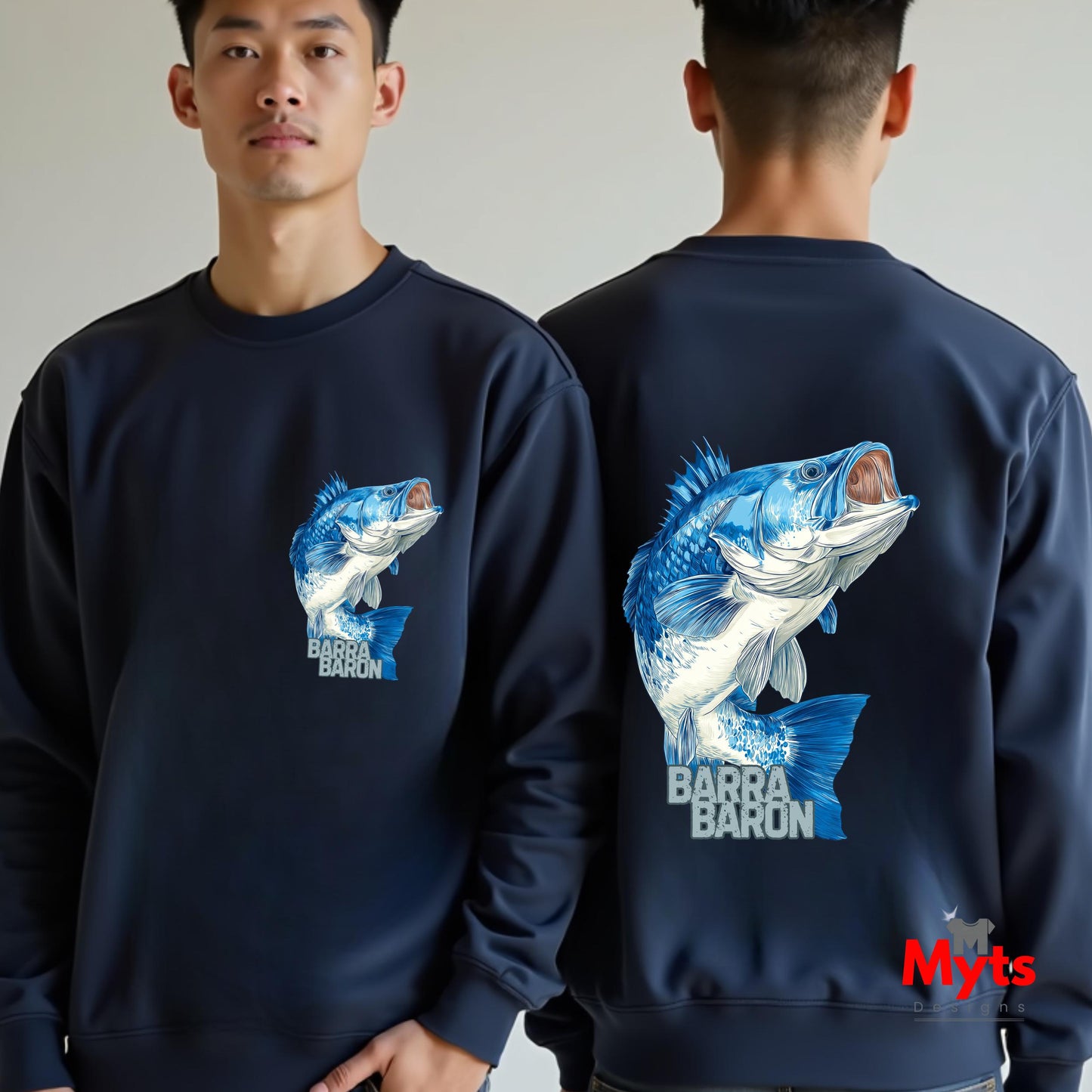 Person wearing a navy blue sweatshirt with a fish graphic and 'Barra Baron' text, facing front and back.