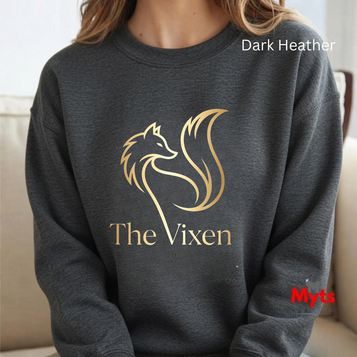 Dark Heather sweatshirt with 'The Vixen' logo and brand name 'Myts'.