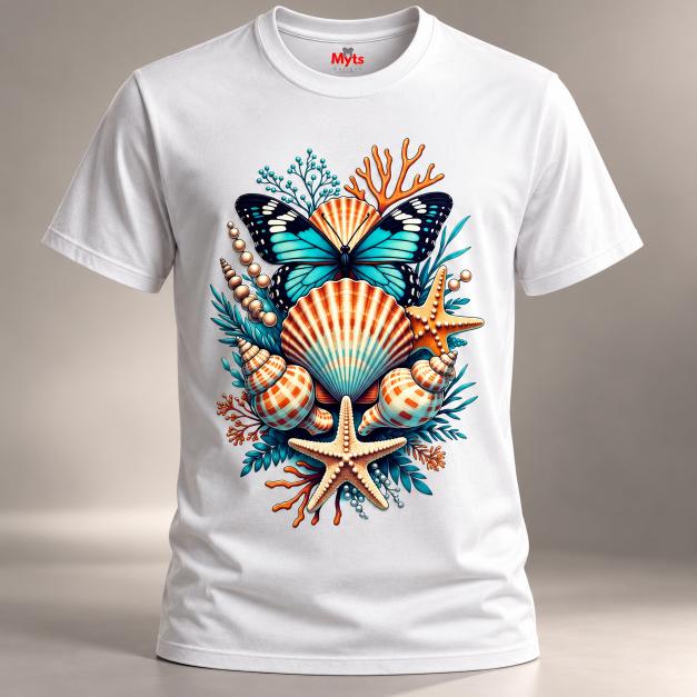 White T-shirt with turquoise butterfly, seashell and starfish graphic