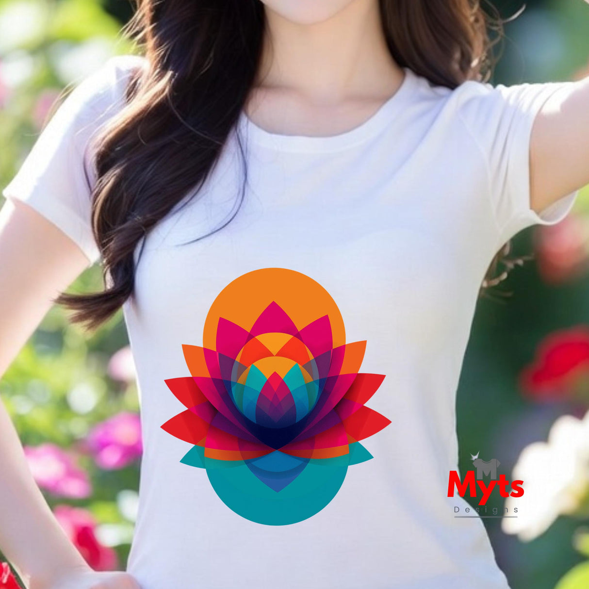Person wearing a white t-shirt with a colorful flower design, standing outdoors with blurred greenery in the background.
