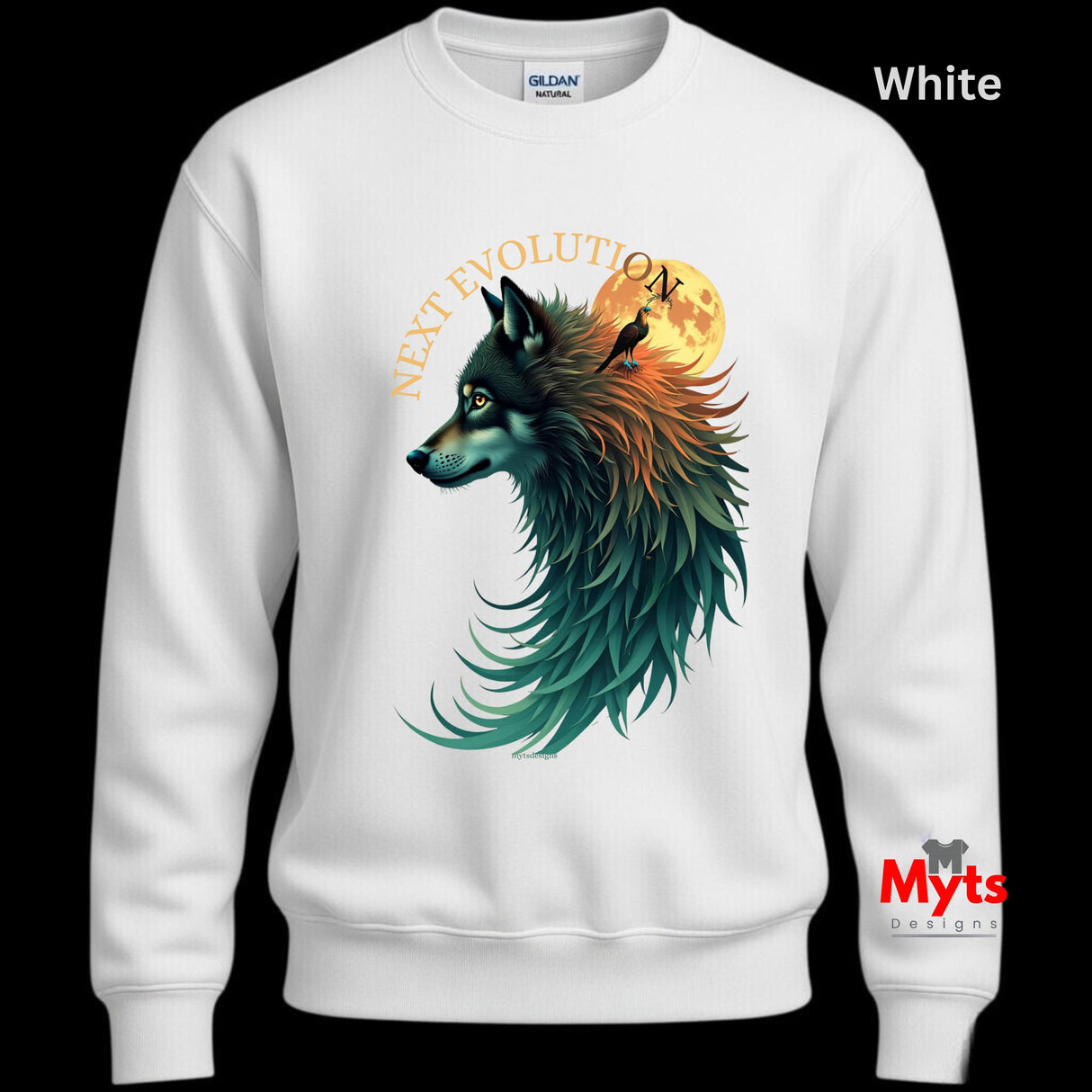 A white crewneck sweatshirt featuring a graphic print of a wolf's head with teal, green, and orange tones, set against a full moon and the words 'NEXT EVOLUTION'. A Gildan brand tag is visible inside the collar, and 'White' is written in the top right corner.