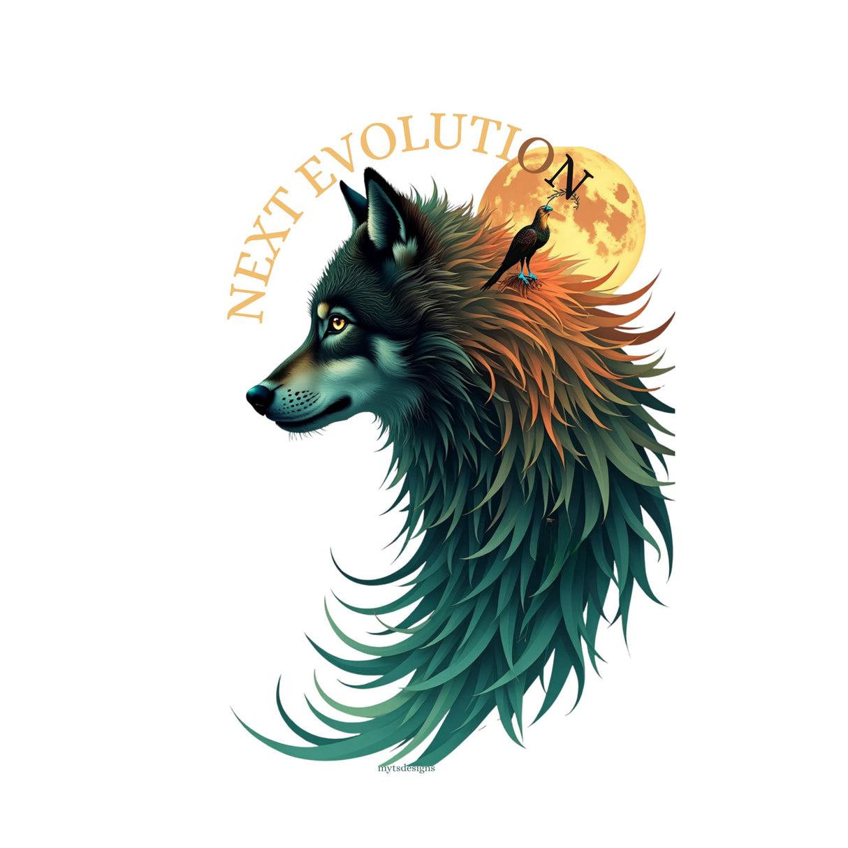 A stylized digital illustration of a wolf head in profile with layered teal, green, black, and orange fur, set against a yellow full moon and the words 'NEXT EVOLUTION' in an arch above. A small bird perches on the wolf's neck.