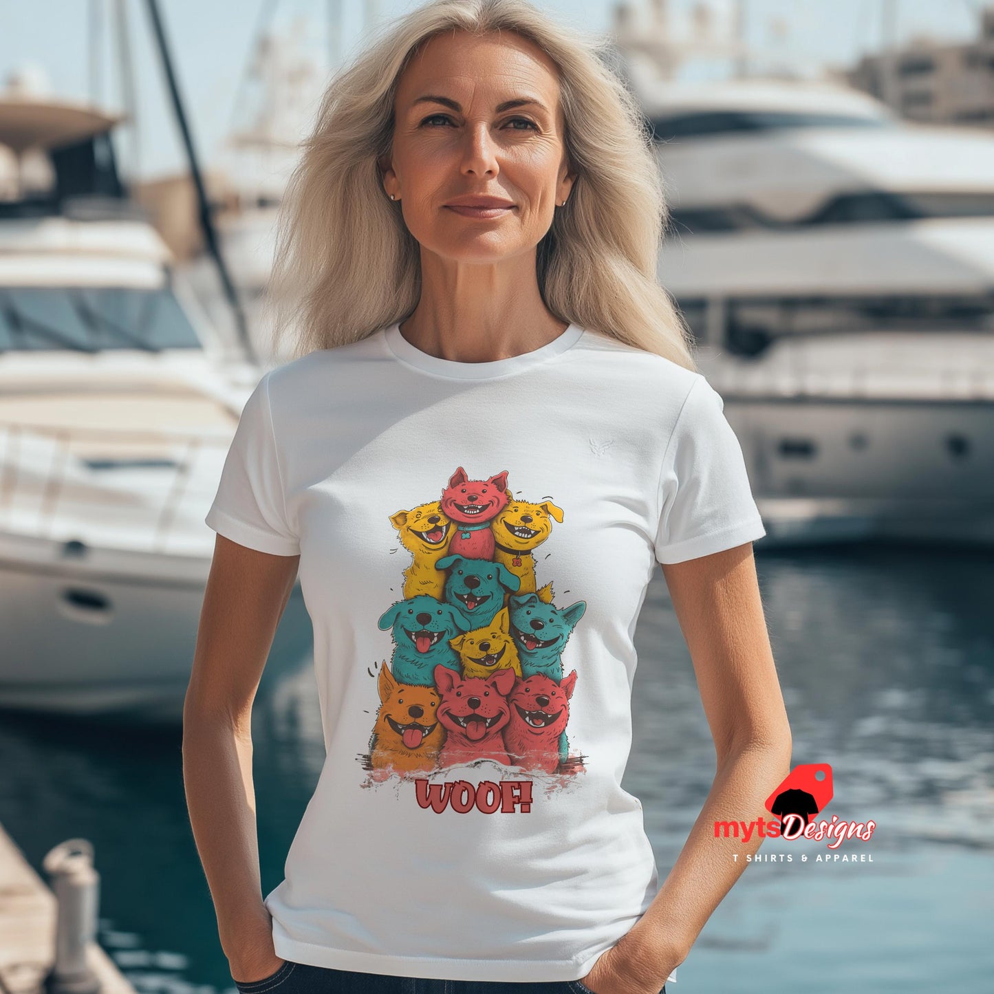 Woof! Stacked Cartoon Puppies T-Shirt for Dog Lovers