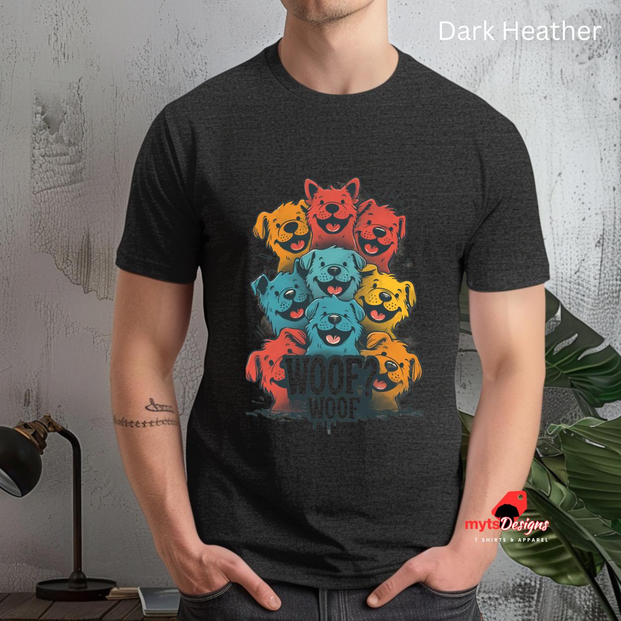 Dark Heater T Shirt stacked cartoon puppies Woof Woof