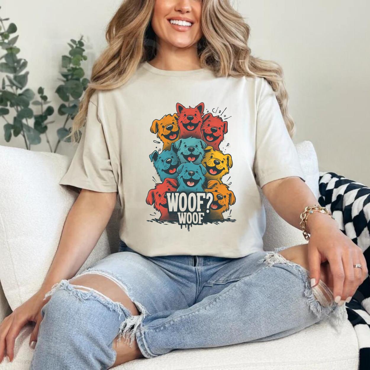 A woman sitting on a comfy couch wearing a Sand T-shirt featuring a vibrant graphic of cartoon puppies stacked in red, orange, blue, and yellow hues, with the playful text “WOOF? WOOF” below the design.