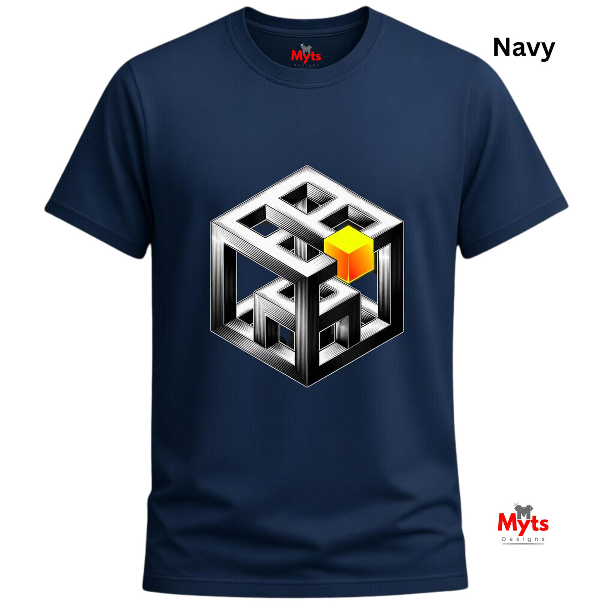 Navy blue t-shirt with a geometric cube design on a white background