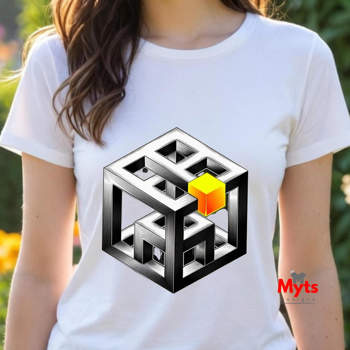 Person wearing a white t-shirt with a geometric design and 'Myts' branding.