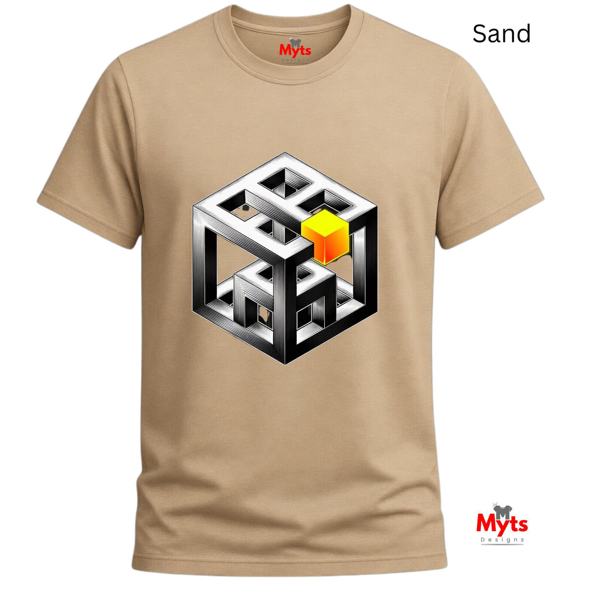 Sand t-shirt with a geometric cube design on a white background