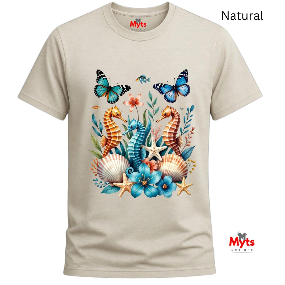 A natural graphic T-shirt featuring three colourful seahorses, blue butterflies, tropical flowers, starfish and seashells in a vibrant ocean wildlife design.