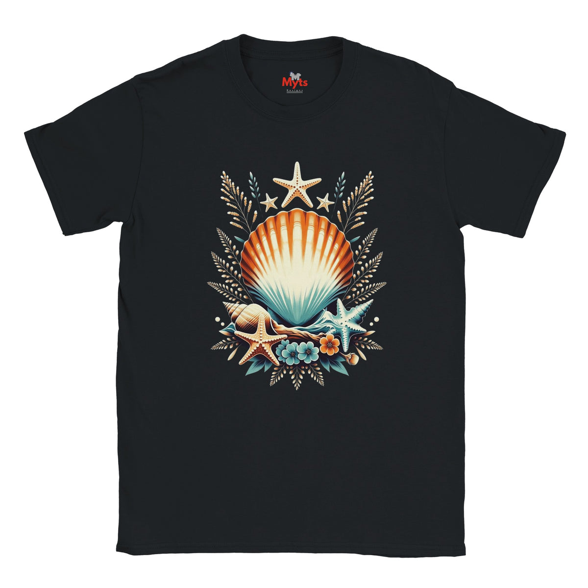 A black short-sleeve crewneck t-shirt featuring a colorful graphic print of a seashell, starfish, and seagrass on the front, displayed against a solid white background.