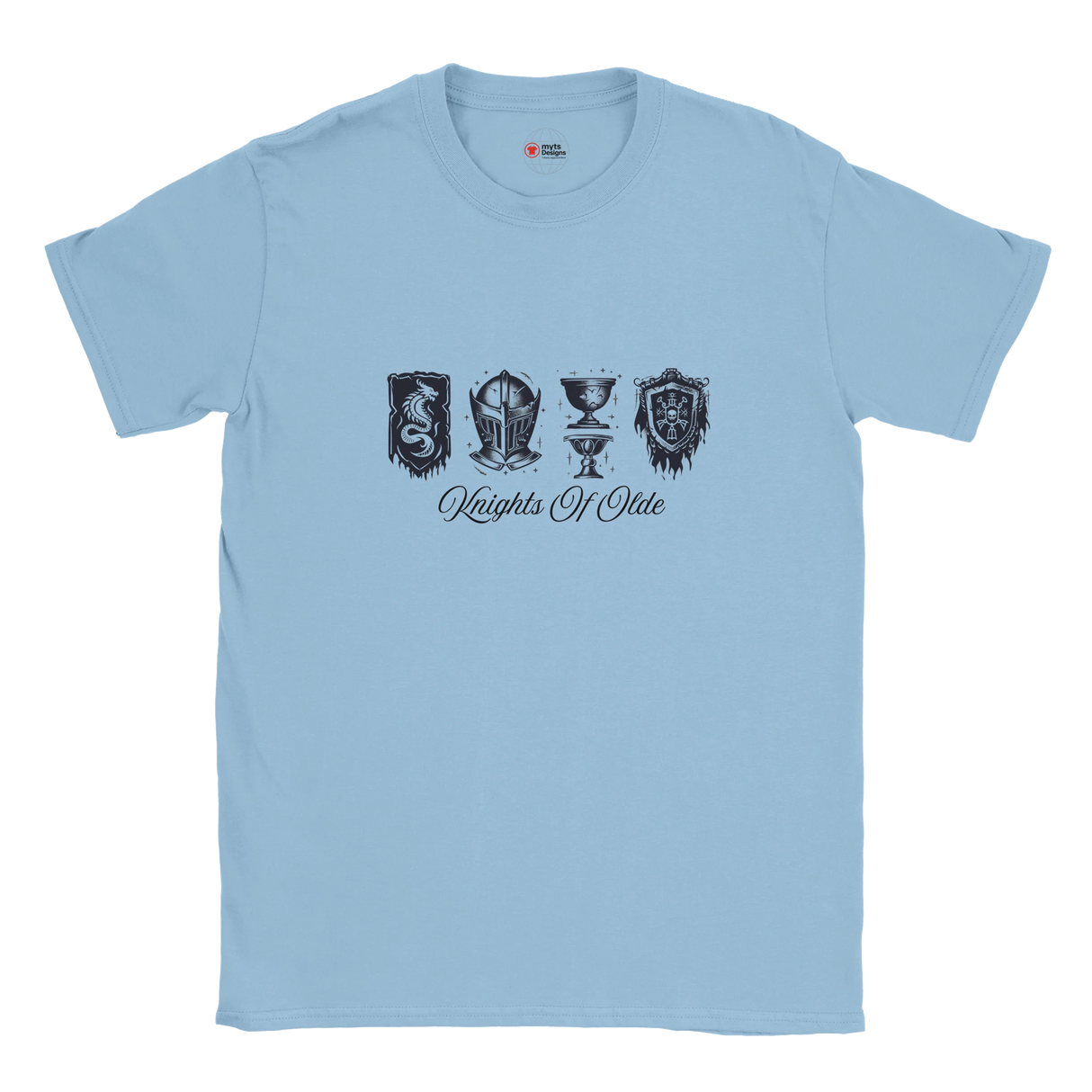 Light blue t-shirt with black graphics and text on a white background