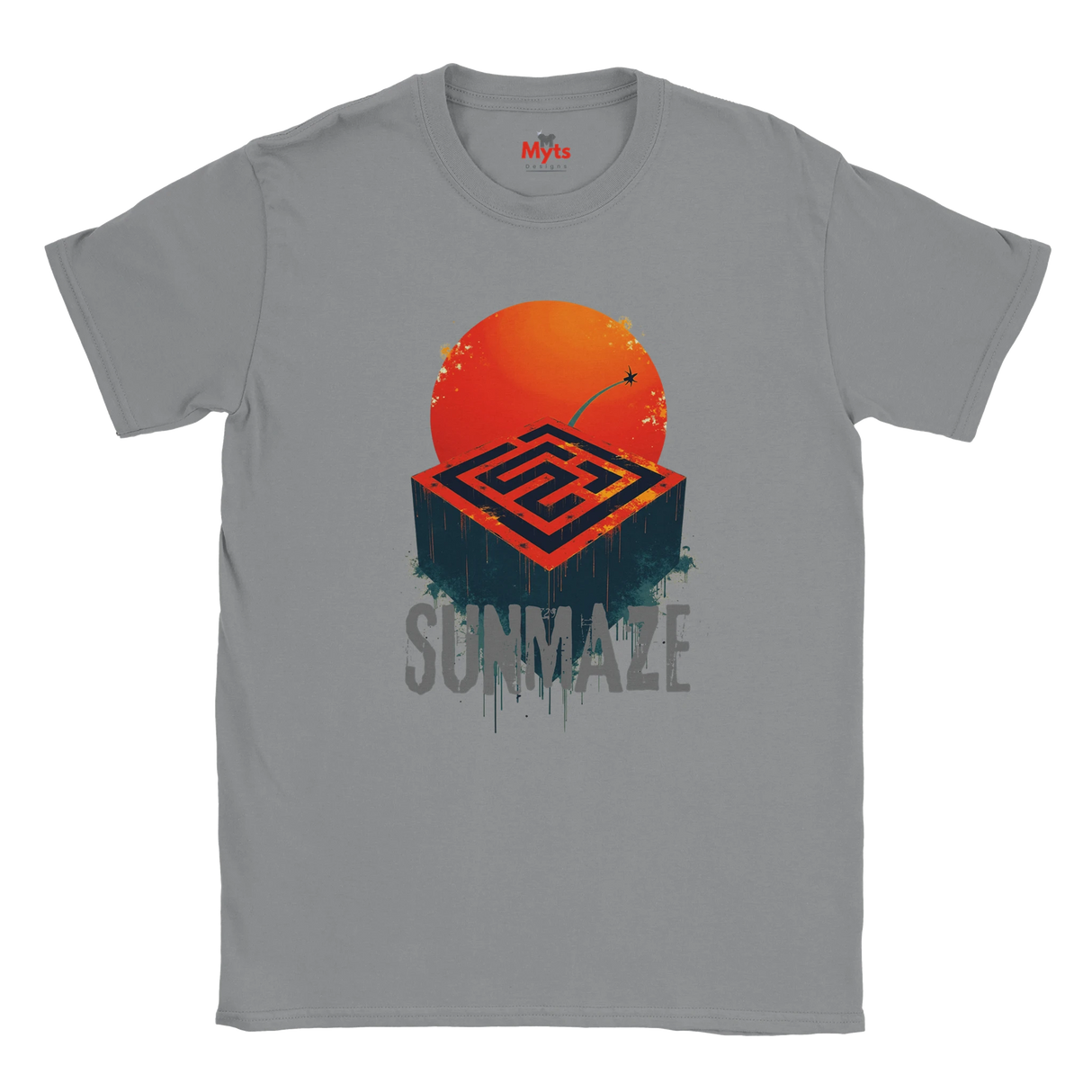 Gray t-shirt with a graphic design of a sun and maze, labeled 'Summaze', on a white background.