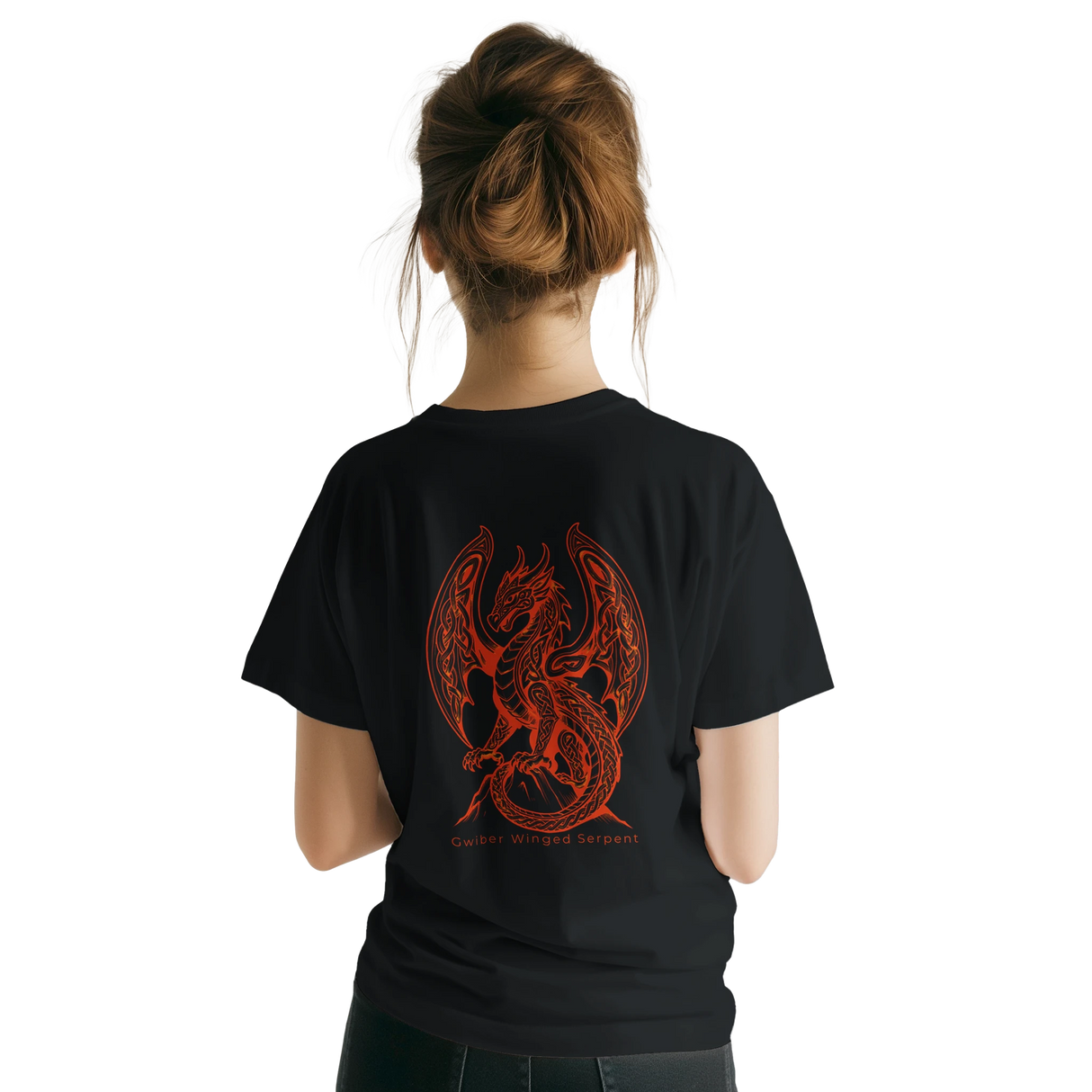 A woman shown from the back wearing a black short-sleeve t-shirt with a large red dragon graphic and the text 'Gwiber Winged Serpent printed on the back.