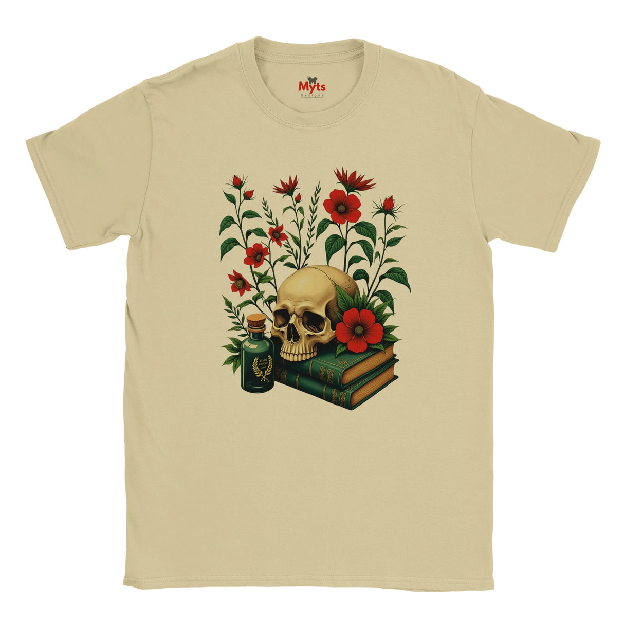 Sand t-shirt with a skull, books, and flowers design on a white background
