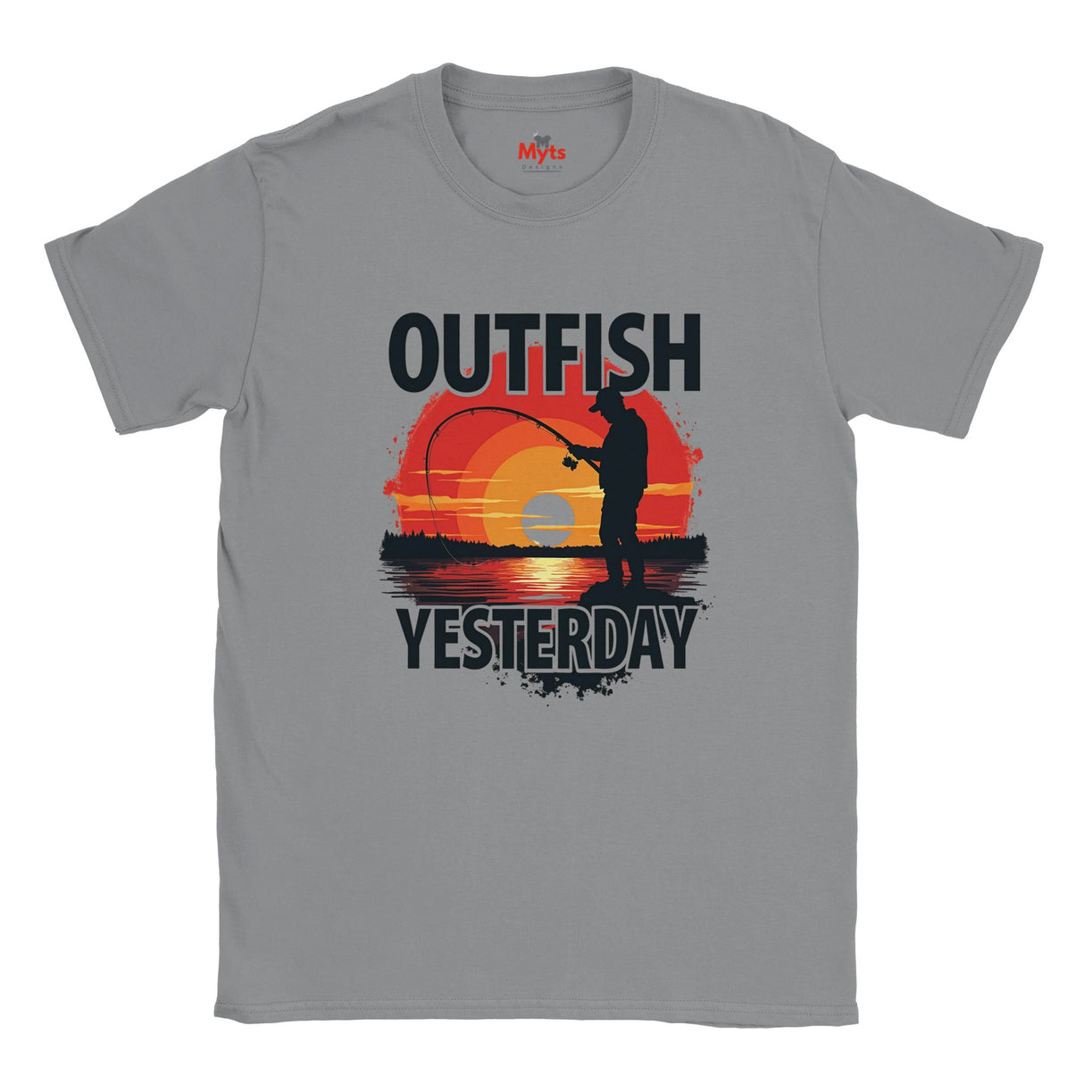 Gray t-shirt with fishing graphic and 'Outfish Yesterday' text on a white background