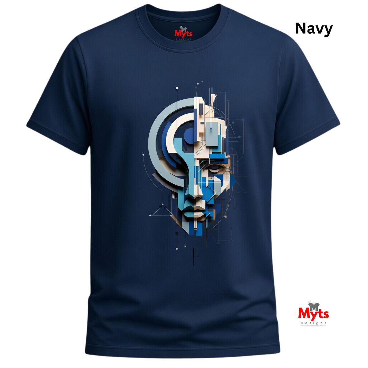 A navy blue short-sleeve t-shirt with a central graphic print of a stylized face made from geometric shapes in shades of blue, gray, and white. The word 'Navy' is printed in black in the top right corner, and the 'Myts' brand logo is visible on the inner neck label and as a watermark in the bottom right corner.