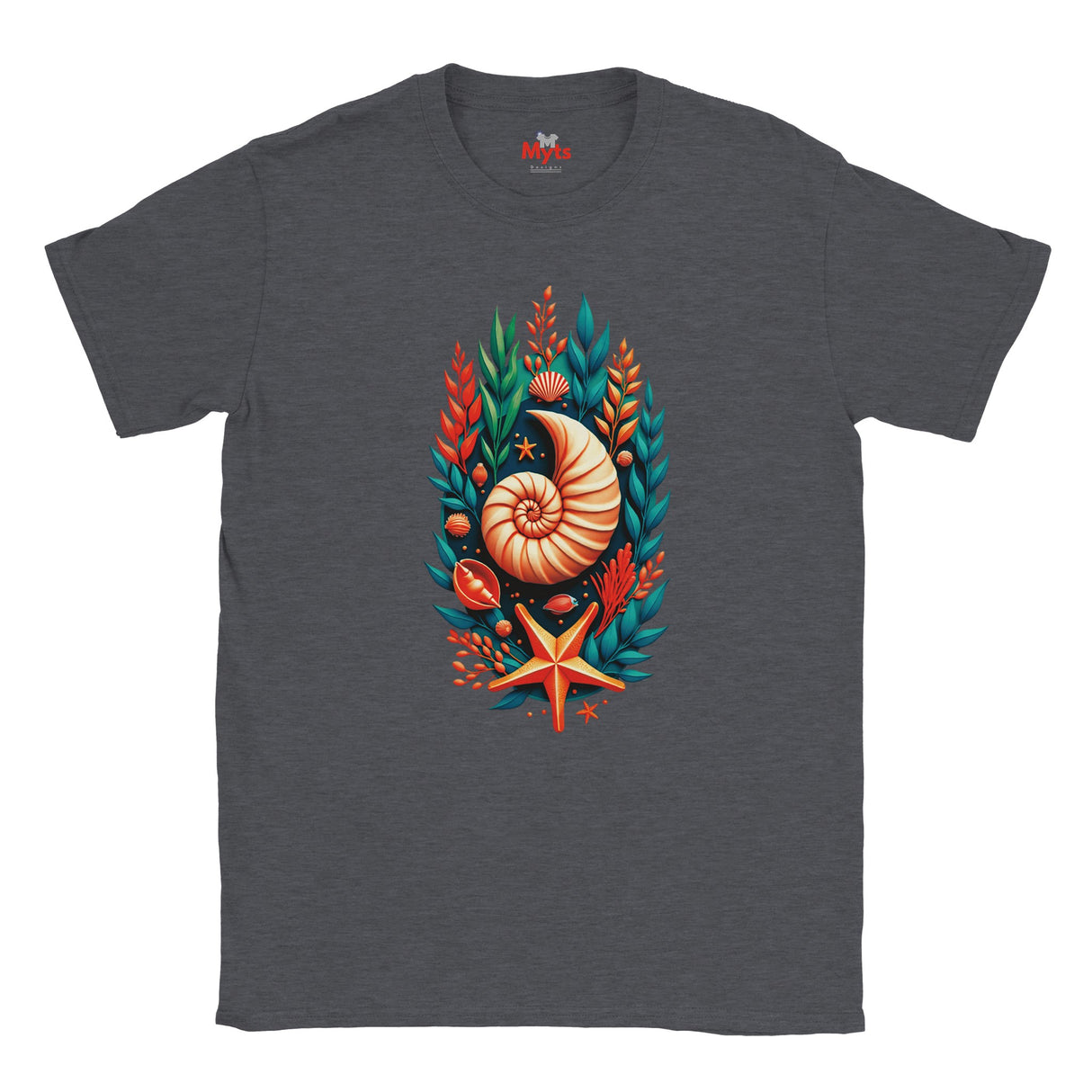 A dark heather gray t-shirt featuring a colorful graphic print of a nautilus shell, starfish, and coral on the chest, displayed against a solid white background.