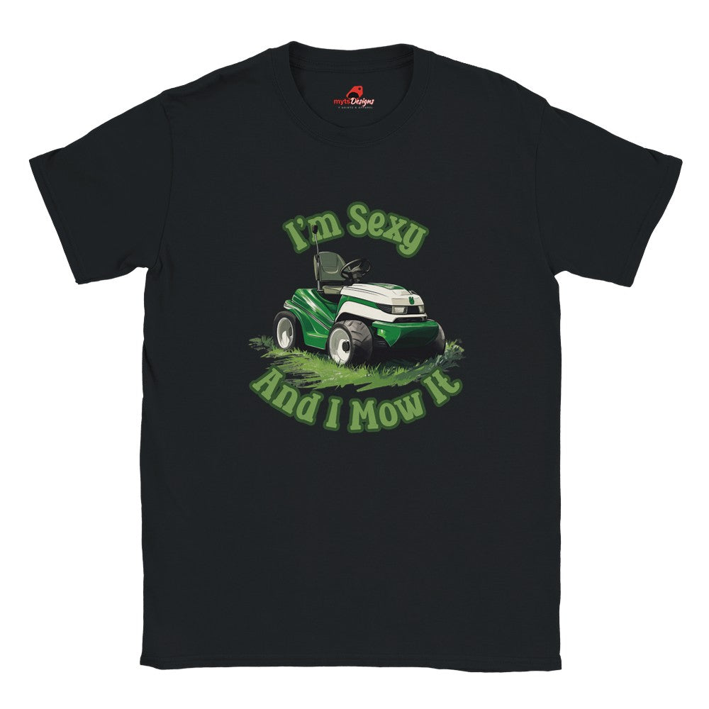 Close-up of I'm Sexy, and I Mow It t-shirt design with lawn mower illustration