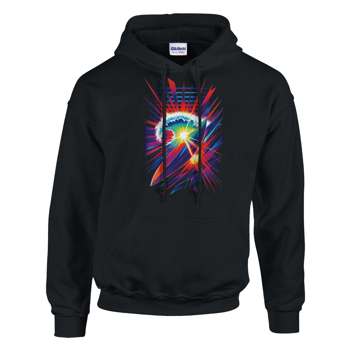 Black hoodie with a colorful abstract design on a white background