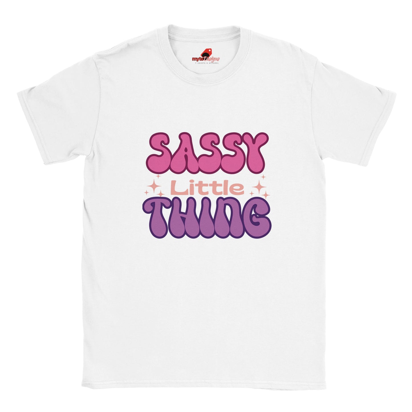 White t-shirt with the text 'Sassy Little Thing' printed in pink and purple.