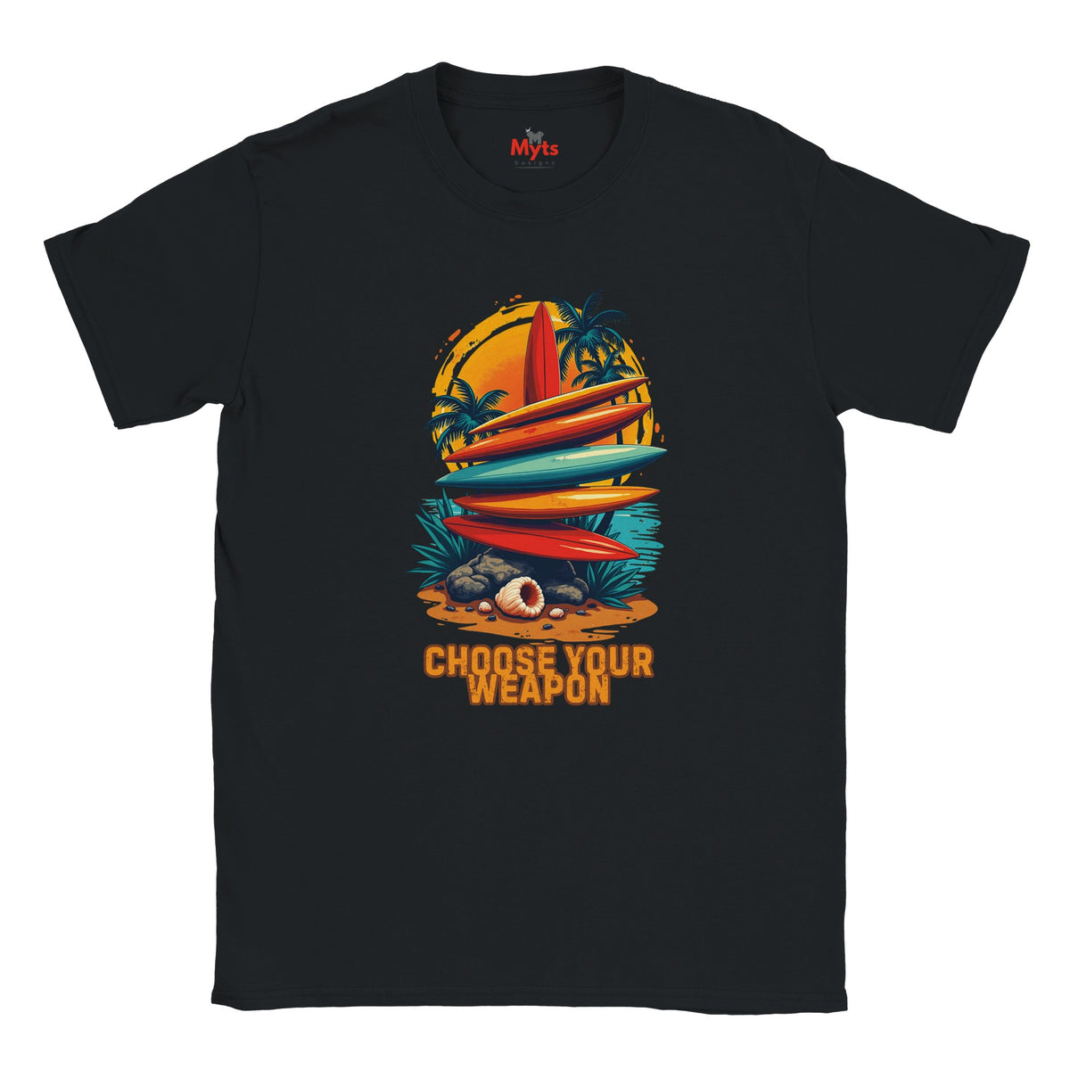 Black t-shirt with a colorful graphic design featuring surfboards and palm trees, and the text 'Choose Your Weapon' on a white background.