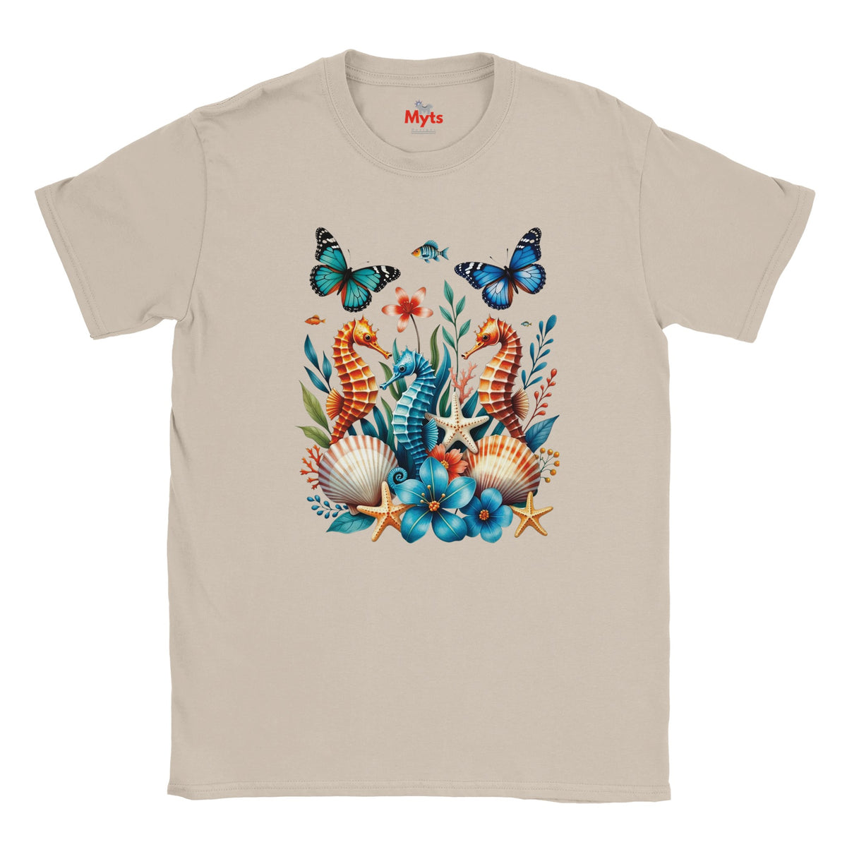 A Natural crewneck t-shirt featuring a colorful graphic print of an underwater scene with seahorses, starfish, flowers, and butterflies. The brand name 'Myts' is printed inside the collar.