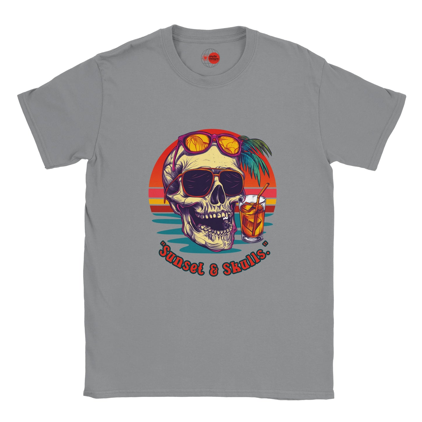 Gray t-shirt with a skull graphic and 'Sunset & Skulls' text on a white background
