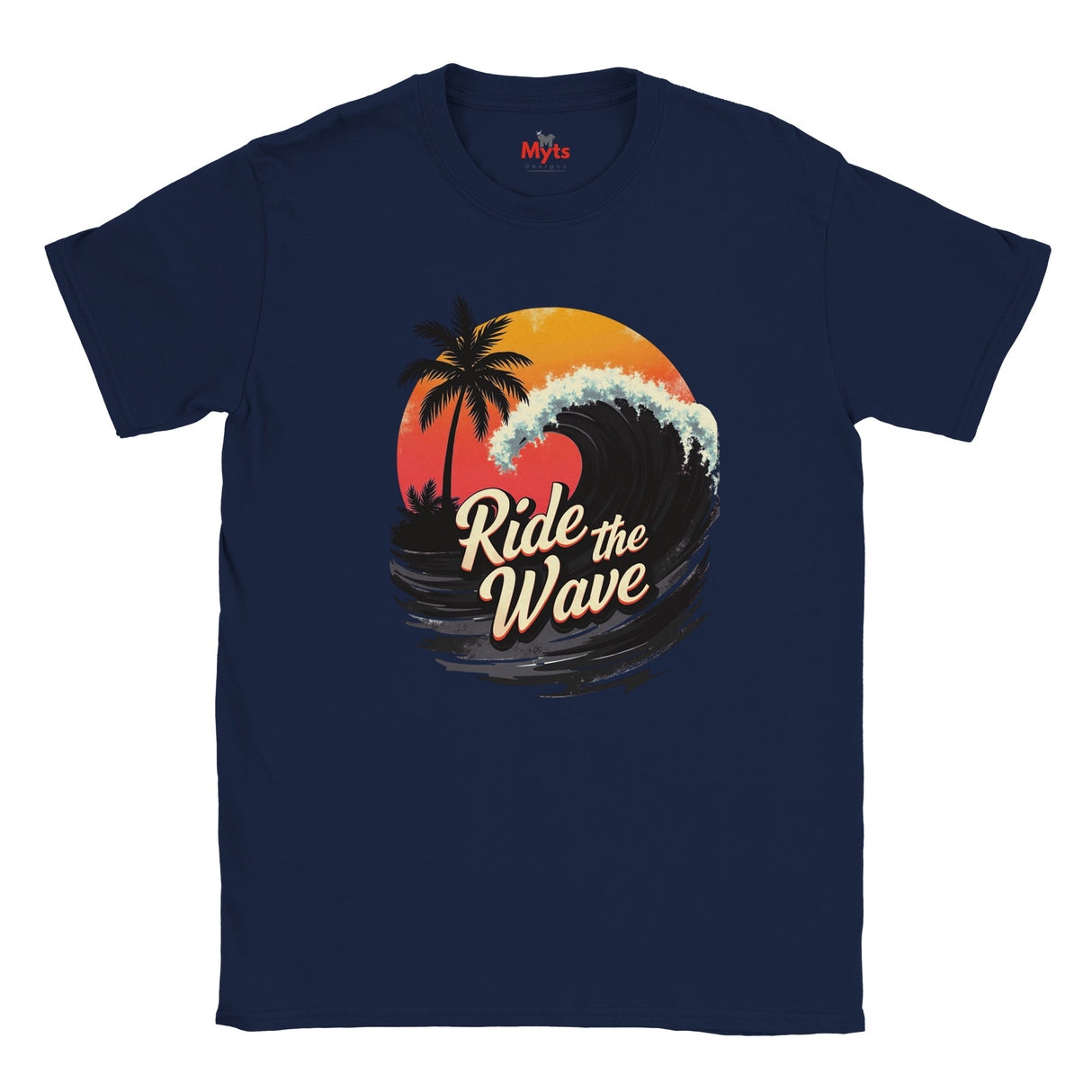 Navy blue t-shirt with 'Ride the Wave' graphic design featuring a sunset and palm trees on a white background.