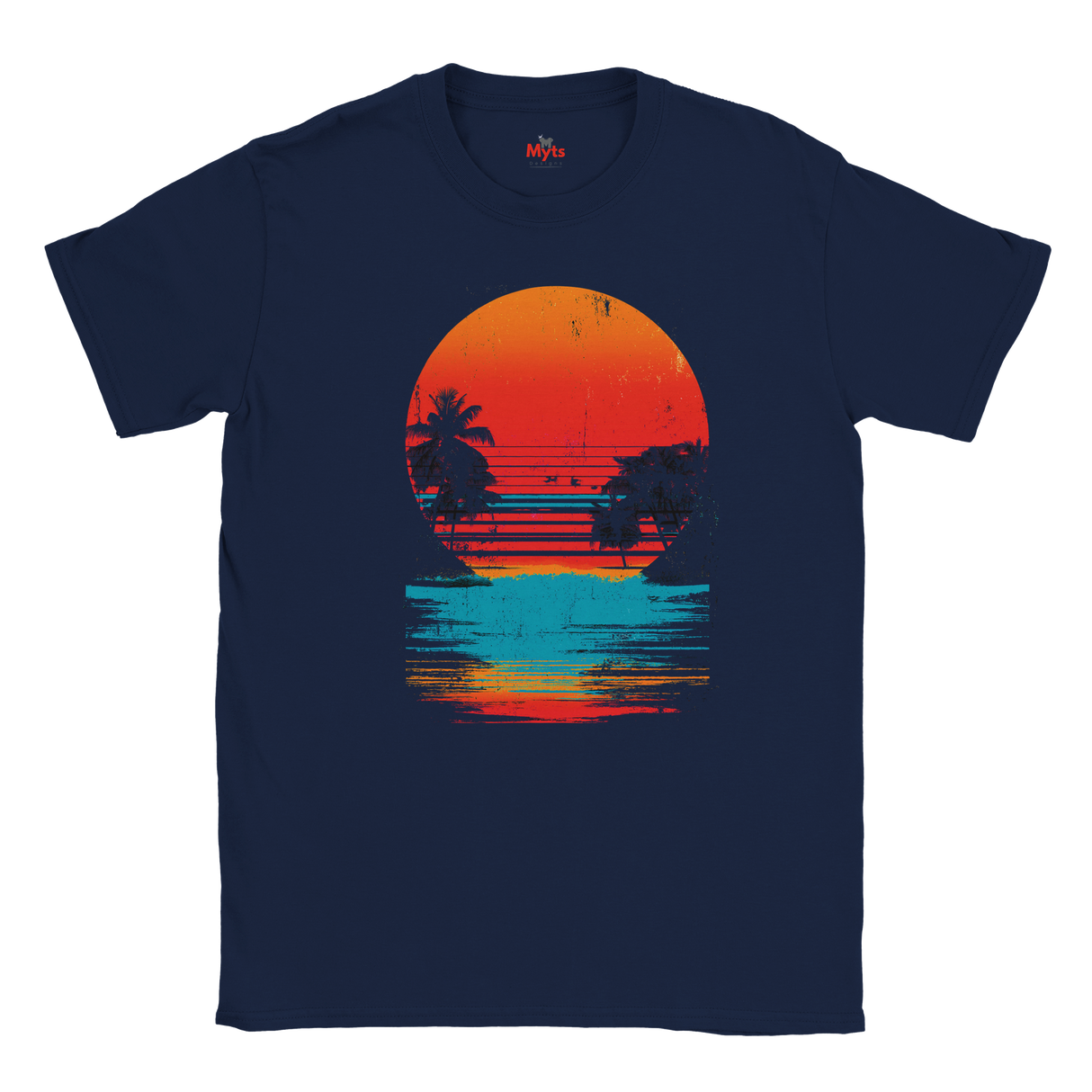 Navy blue t-shirt with a sunset and palm tree design on a white background