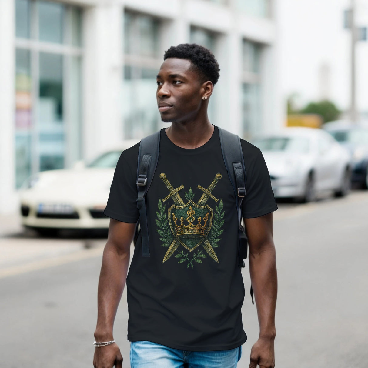 Man wearing a black T-shirt with an embroidered-style design of a green shield featuring a gold crown, flanked by crossed swords and laurel leaves—regal, medieval-inspired graphic centered on the chest.
