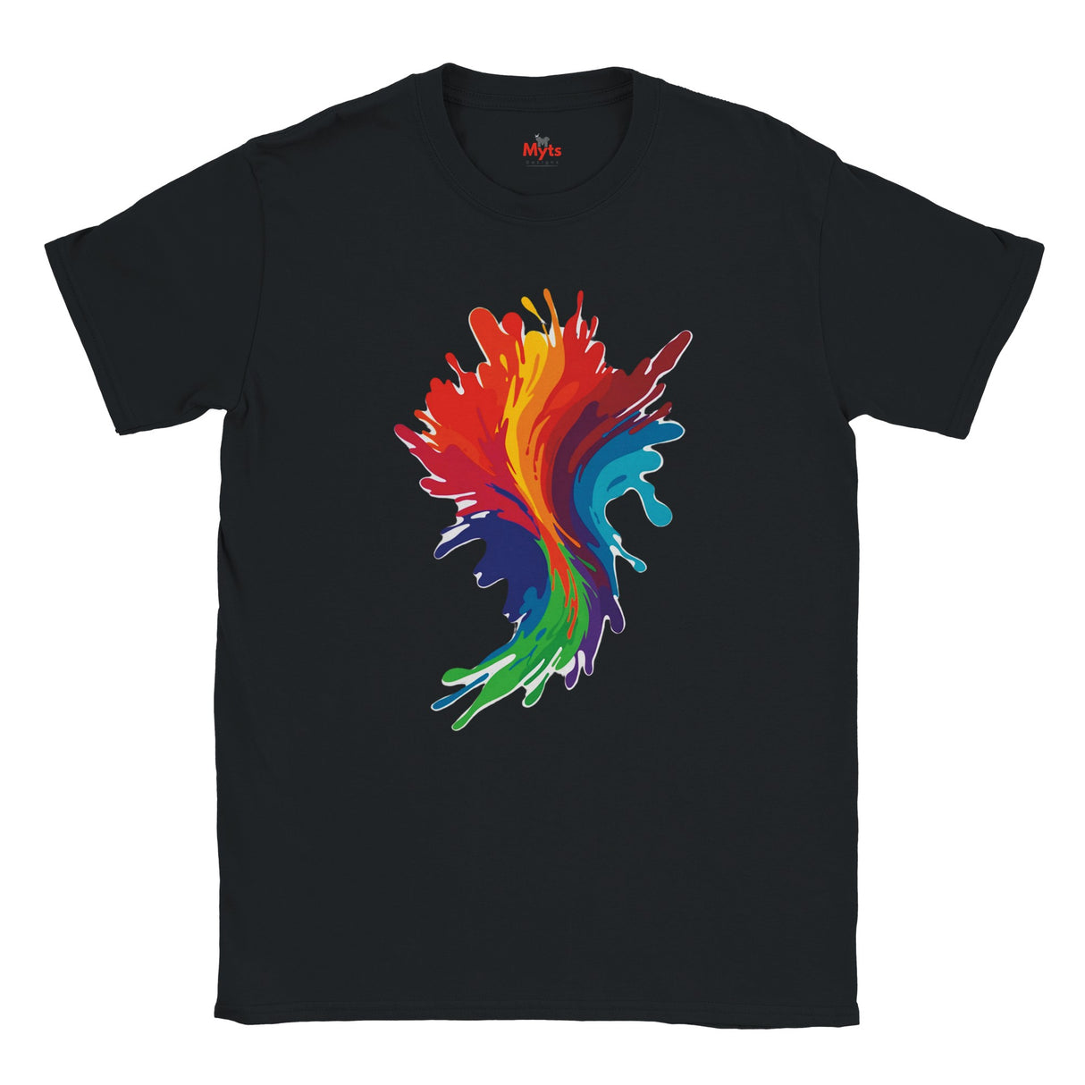Black t-shirt with a colorful abstract design on a white background