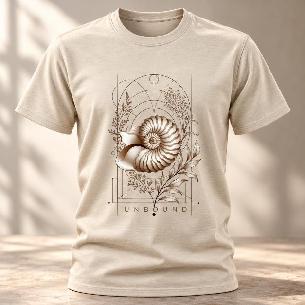 Studio shot of a Natural coloured Unbound Nautilus graphic T-shirt with ivory spiral seashell, botanical leaves and geometric line art.