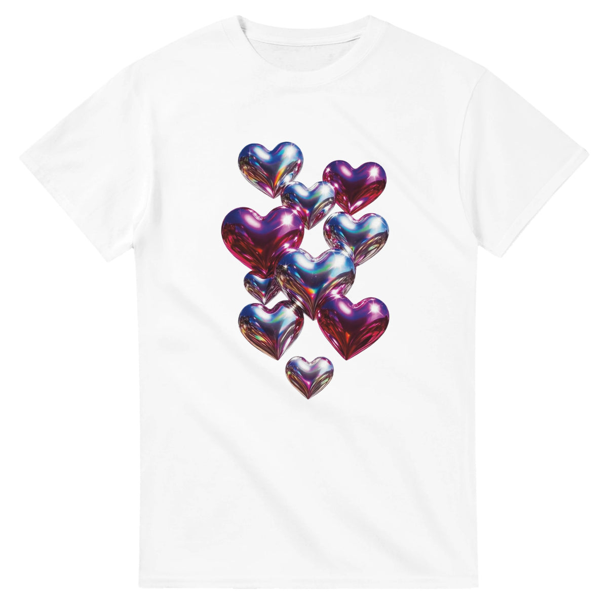 White t-shirt with colorful heart-shaped balloons design on a white background