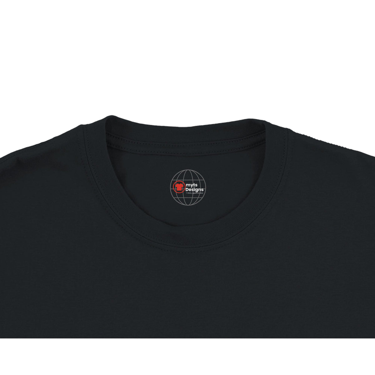 Black t-shirt with a logo on the collar against a white background