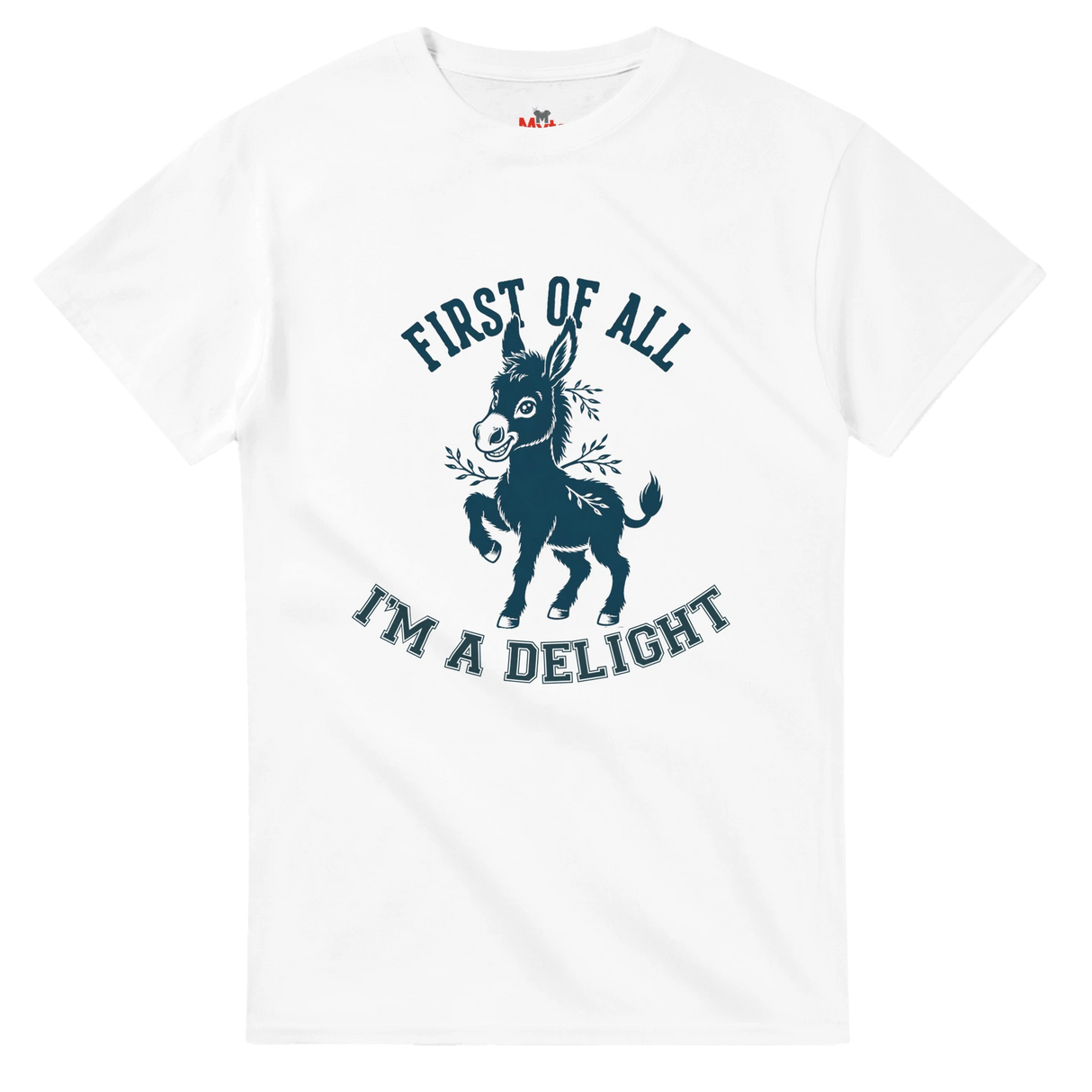 White t-shirt with a graphic of a donkey and text on a white background