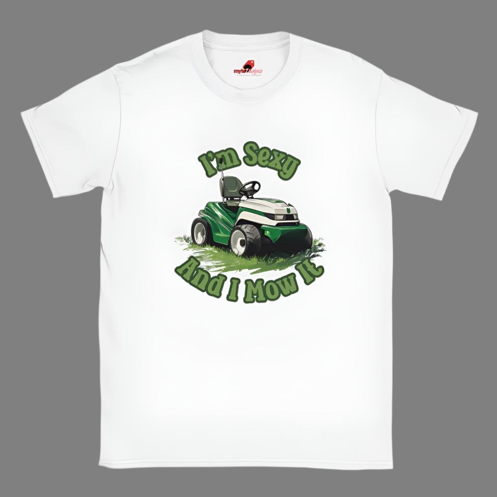 Funny lawn mowing t-shirt with I'm Sexy and I Mow It slogan and ride-on mower graphic