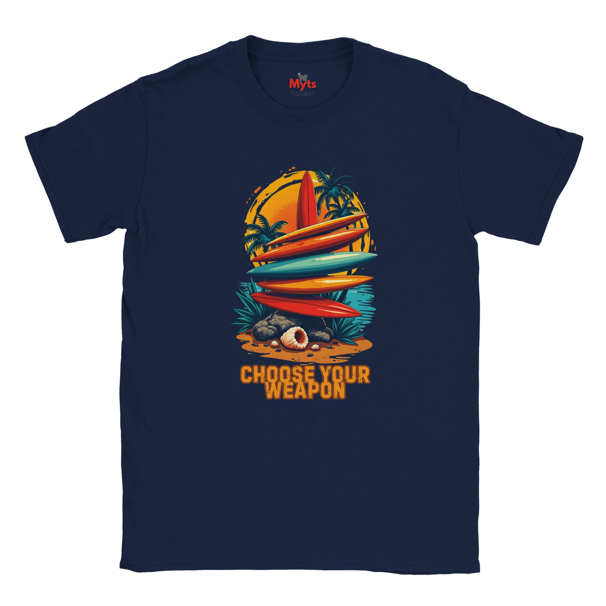 Navy blue t-shirt with a colorful graphic of surfboards and palm trees on a white background