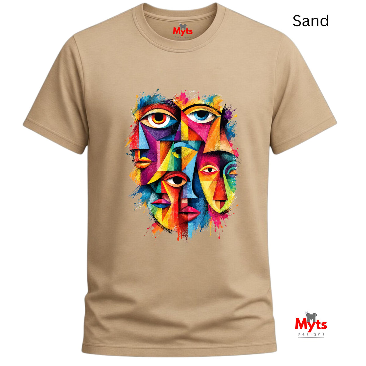 A Sand short-sleeve crewneck t-shirt featuring a colorful graphic print of three stylized faces with eyes, rendered in a vibrant, multi-colored abstract paint splatter style. The brand name 'MYLIS' is visible on the inner neck label.