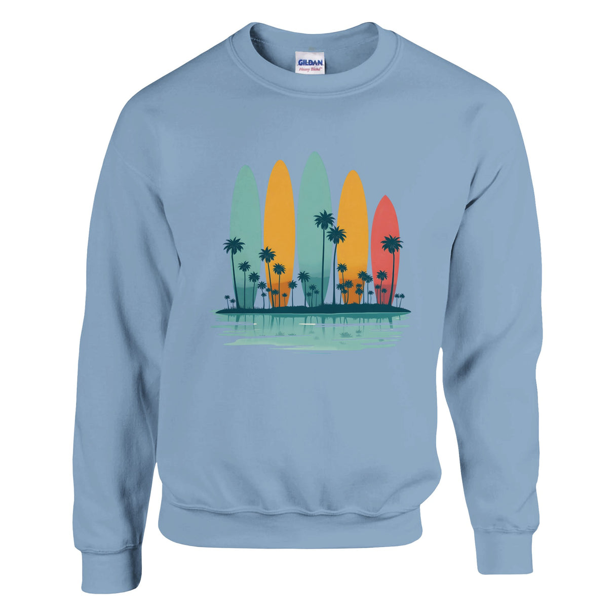 Light blue sweatshirt with colorful surfboard design and palm trees on a white background