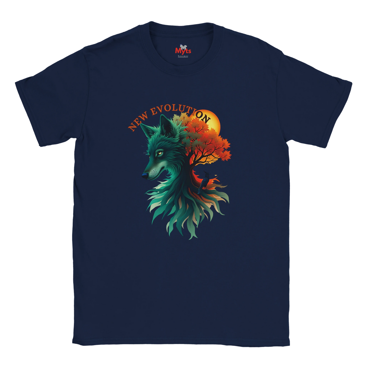 A navy blue short-sleeve crewneck t-shirt featuring a colorful graphic of a wolf head merging with a tree and autumn leaves, with the text 'NEW EVOLUTION' arched above. The brand 'MVP's' is visible on the inner neck label.