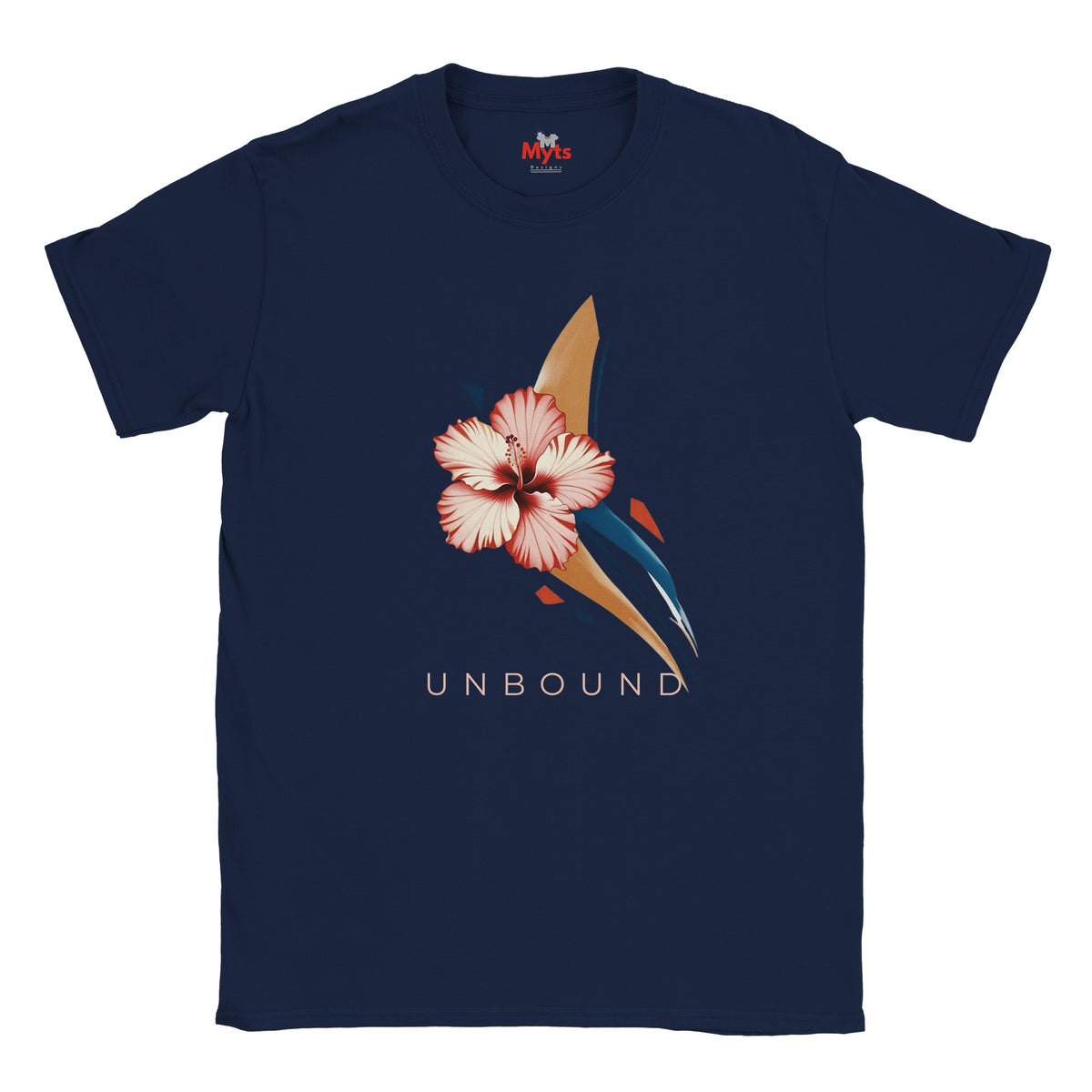Navy UNBOUND hibiscus graphic T-shirt with pink flower and abstract navy and gold design photographed on a grey studio background.