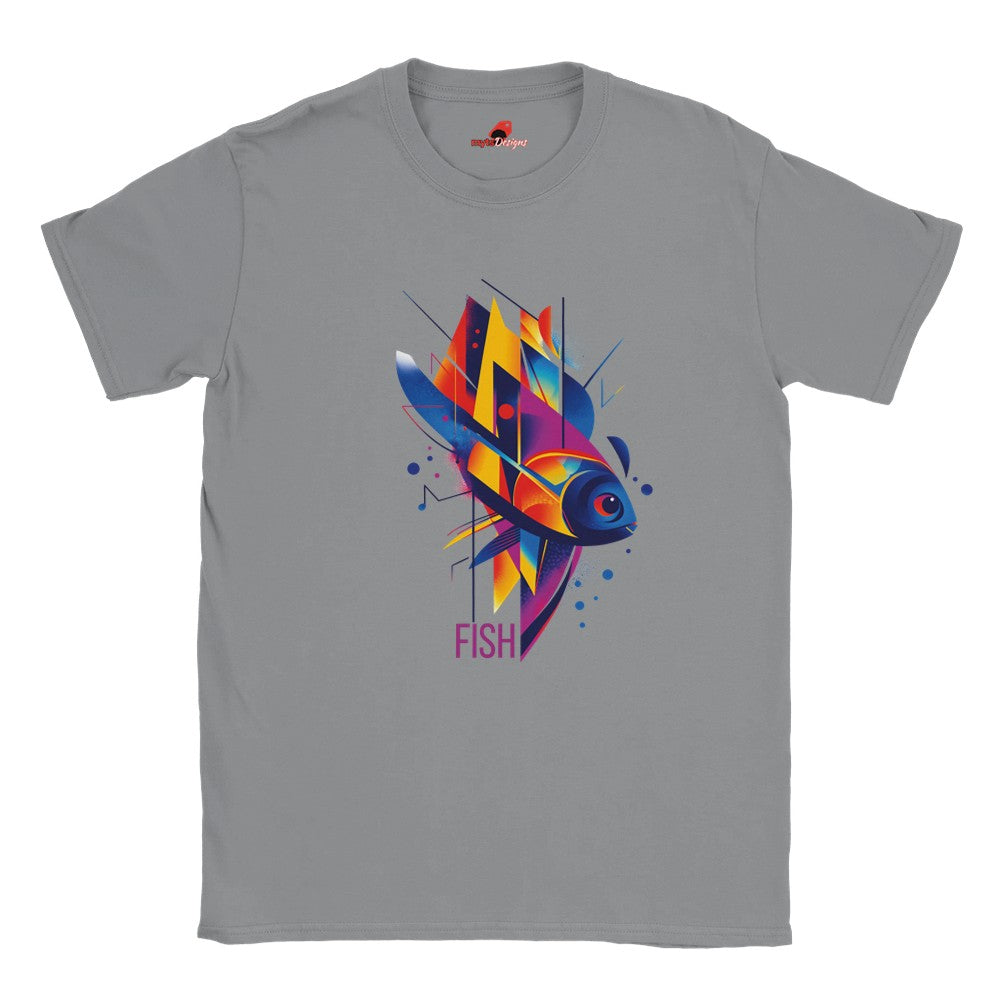 A grey t-shirt with a vibrant geometric design featuring multicolored fish and aquatic patterns.